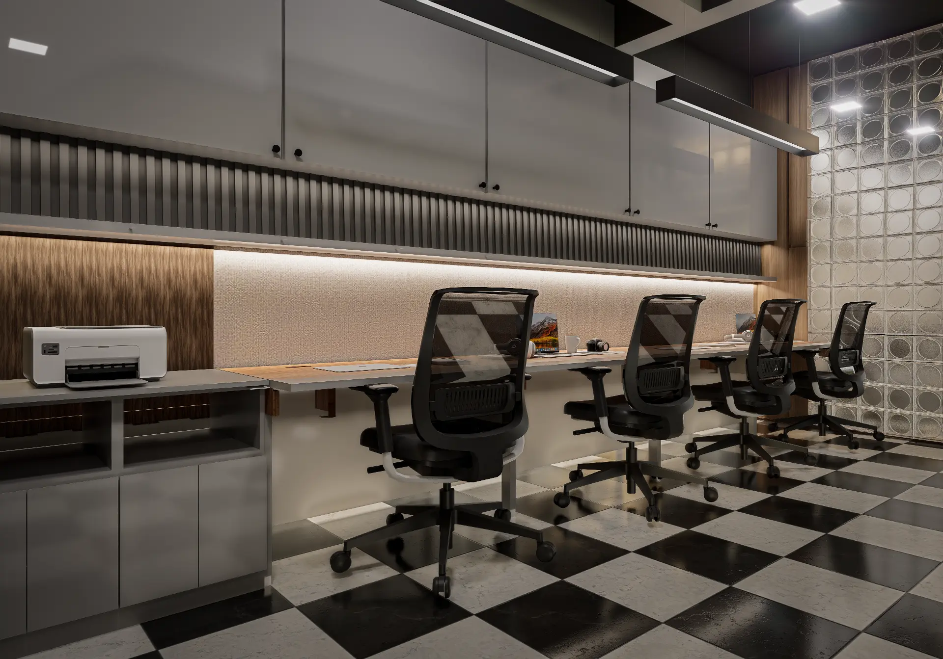 Spacious Home Office — workstation render with glass-block wall